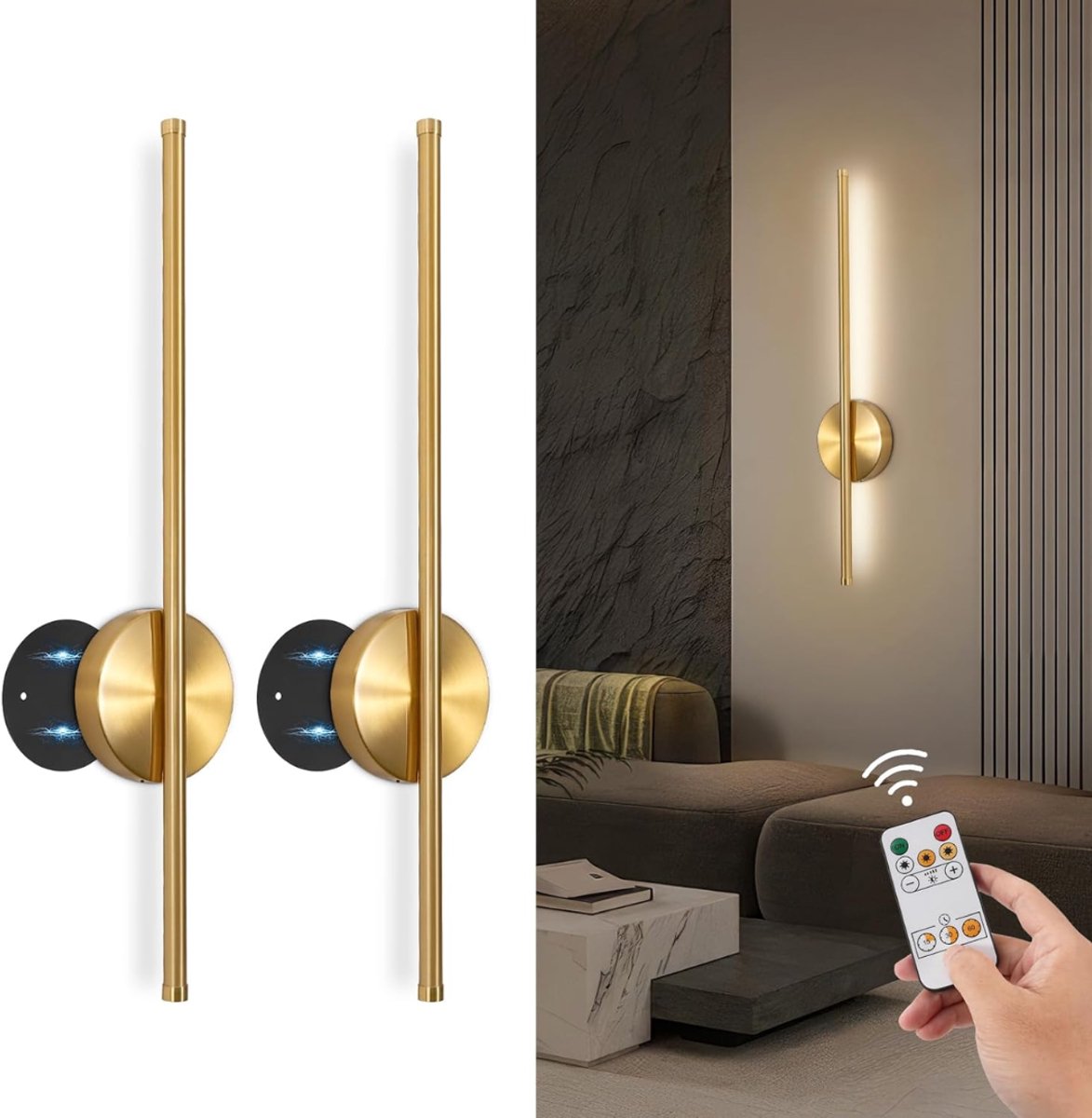 ZRNS® Oplaadbare Wandlamp LED - Lamp voor Binnen Op Batterijen - Draadloos en Magnetisch - 3 Lichtkleuren - Met Afstandsbediening - 2 Stuks - Goud