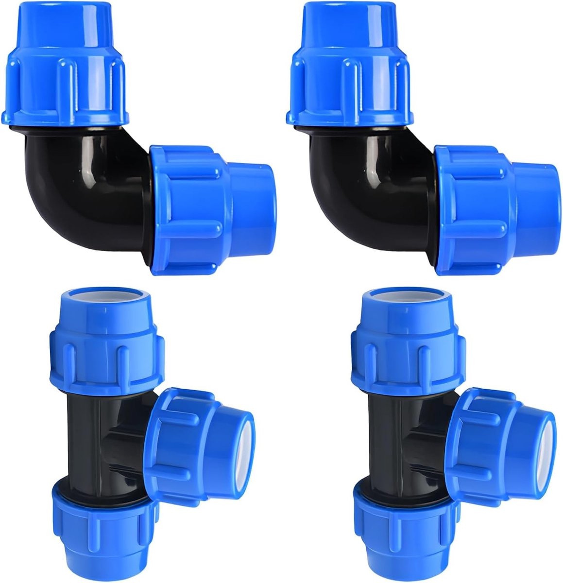 PE pipe screw connection, 4 pieces PP fitting clamp connectors, 90 degree coupling and T-tube with blue cap, for - ShopVlot