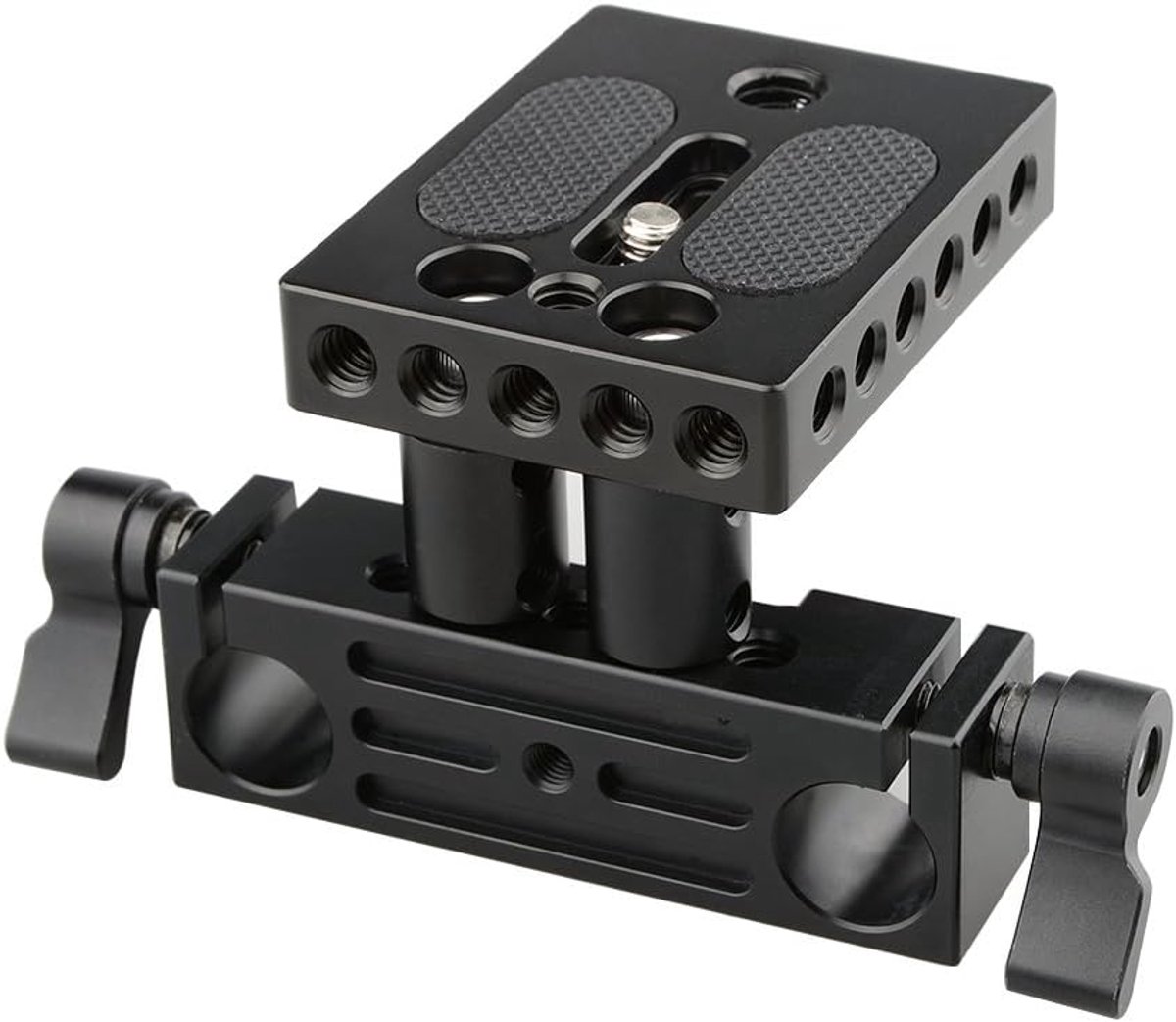 SnelShoppen - DSLR Camera Baseplate Mount met Railblock Hoogteverhoger voor 15mm Railstang Ondersteuningssysteem - Compatibel met Canon, Nikon, Sony -