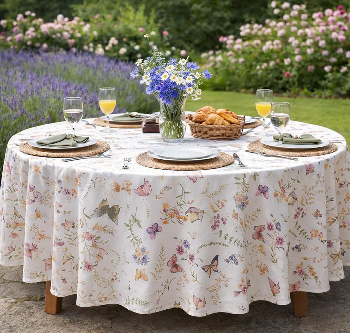 SnelShoppen - Tafelkleed, Tafelrunner en Kussenslopen - Butterflies op Bloemenweide in Crème met Pastelkleuren - Hoogwaardige Afwerking - Voor Elk Kam