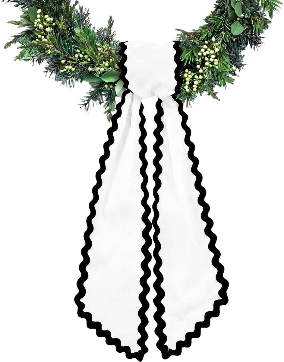 Namajunas - Kranssash wit met zwarte golfrand - Decoratief lint voor bloemenkrans-9*137cm - Kransen lintje - Voor Binnen En Buiten - huis en Tuin feestaccessoire - Voordeurkrans - Halloween versiering