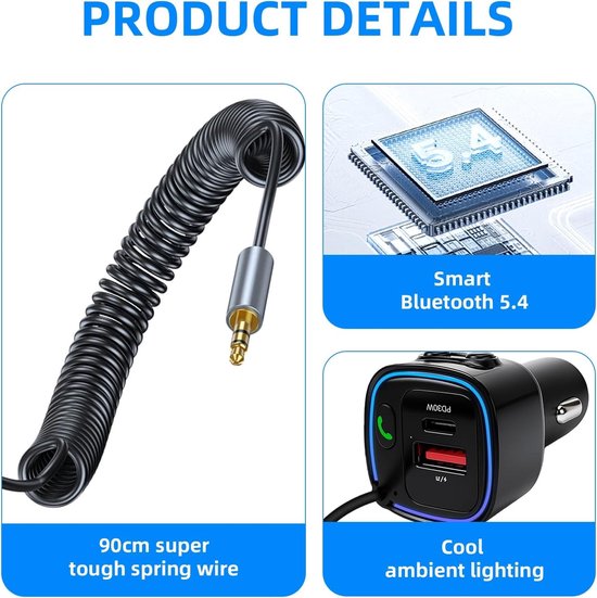 Bluetooth Ontvanger voor Auto - Zwart - 5,4 mm AUX - Snellader met 42 W - Voor Smartphone en Auto — afbeelding 4