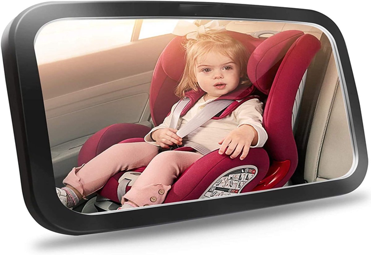 KZQ Baby-autospiegel met brede heldere kijk - Splintervrij acrylglas - 360° draaibaar - Universele hoofdsteunbevestiging - Zwart