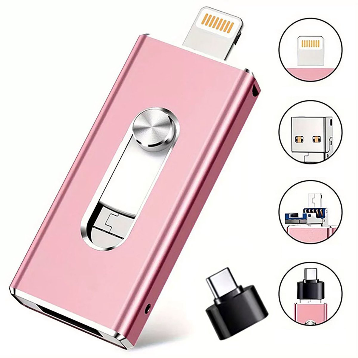 256 GB Snelle USB Flash Drive - 4-in-1 USB Stick - USB-flashdrive - Draagbare Pendrive - 256 GB USB Flash Drive Geschikt voor iPhone,iPad,Android,PC - Photostick - Externe Gegevens opslag - Plug-and-Play - Voor Foto's, Video's en Bestanden - Roze