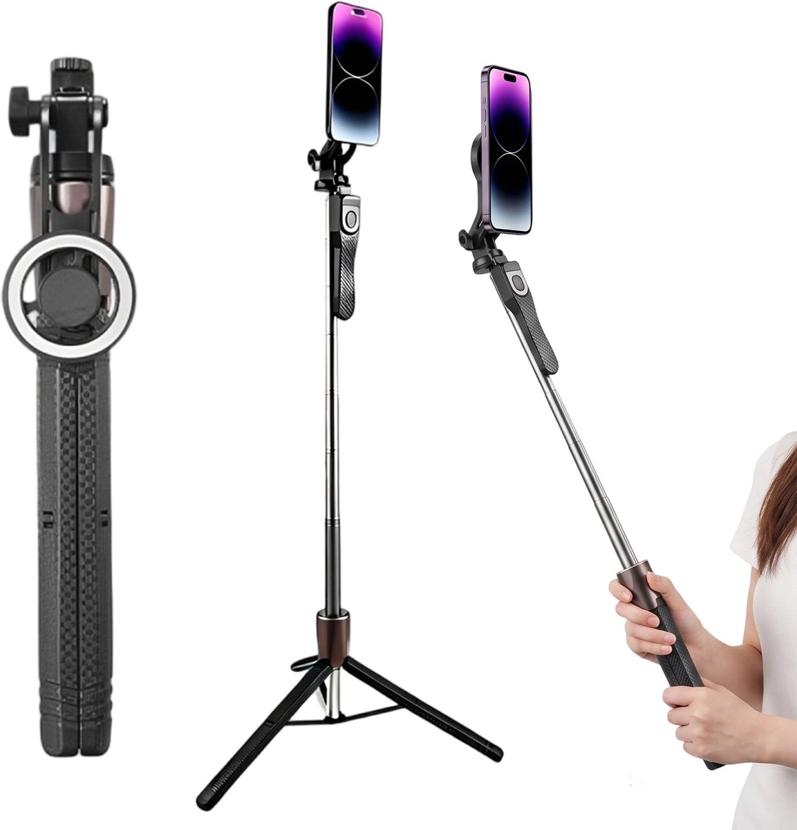 Fokelyi Selfie Stick Tripod -Magnetisch Selfiestick- 170 cm-270° -Selfiestick Universeel Verstelbaar- RVS- Bluetooth-Inclusief Magneetschijf-Ideaal voor Selfie & Live Streaming