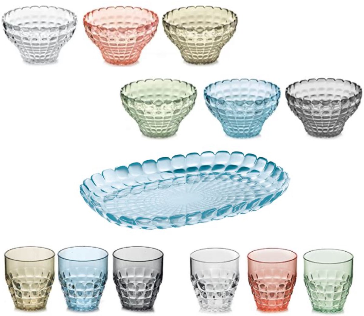 Guzzini Tiffany Tafelset 13-delig – 6 schaaltjes & 6 Glazen Multicolour, Dienblad Transparant Blauw – Kunststof – Voor Tafel, Terras & Buiten – Vaatwasserbestendig & BPA-vrij – Made in Italy