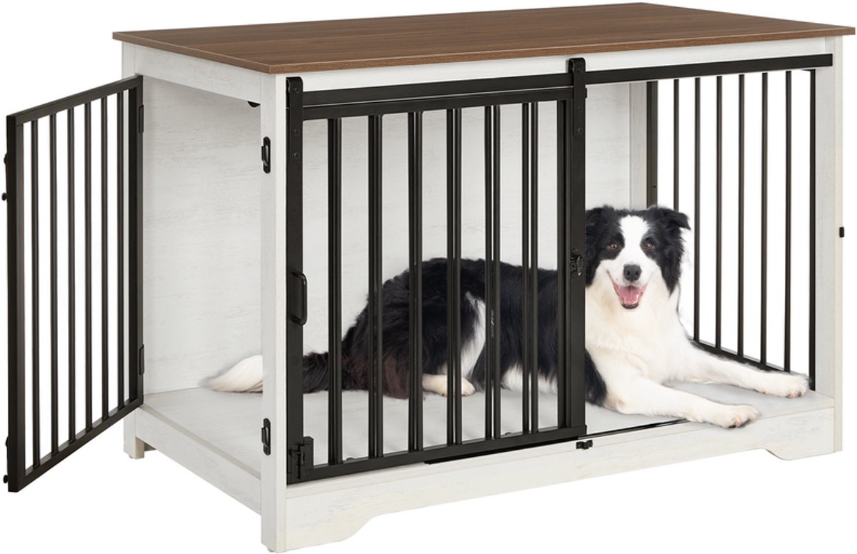 Hzuaneri 100cm Hondenbench, Meubel, Hondenbox, 2 Deuren, Modern Hondenhok voor Kleine, Middelgrote, Grote Honden, Bijzettafel, Hondenhuis voor Thuis, 60x100x68 cm, Wit en Brui