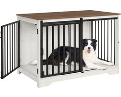 HILINSIE 100cm Hondenbench, Meubel, Hondenbox, 2 Deuren, Modern Hondenhok voor Kleine, Middelgrote, Grote Honden, Bijzettafel, Hondenhuis voor Thuis, 60x100x68 cm, Wit en Brui