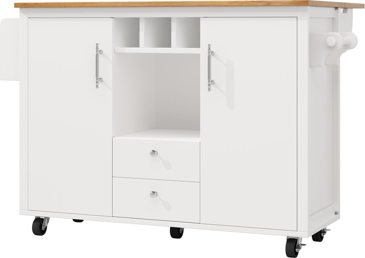 Kookeiland met Opklapbare Tafel - 120x73x92 cm - Met Wielen en Opbergvakken - Voor Keuken en Woonkamer - Wit