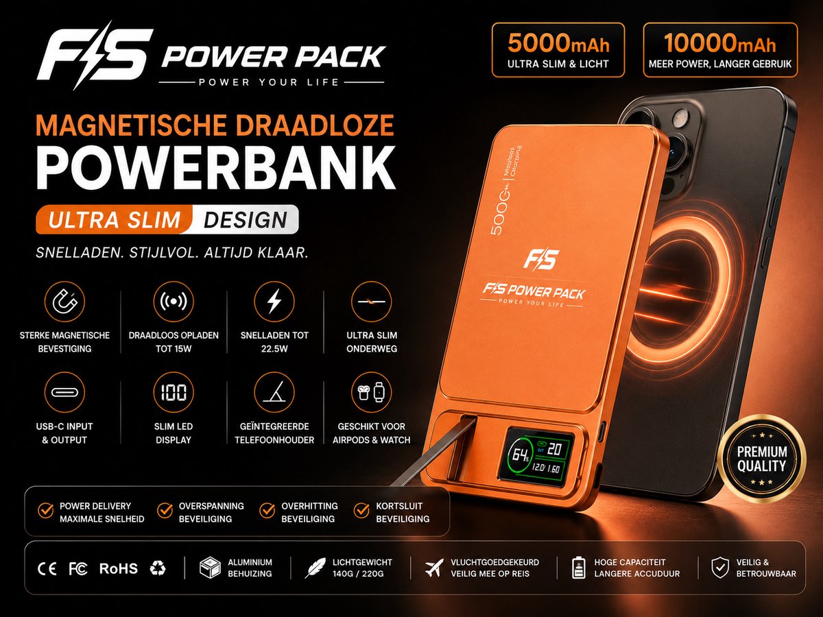 Ultra Slank Aluminium Magnetische Draadloze Powerbank 5000mAh / 10000mAh –Snellader-Fast Charging, Led Display, Portable, Ultra Slim 22.5W Snelladen – 15W MagSafe Draadloos – FS Power Pack Aluminium – Telefoonstandaard – LED Display – Oranje/Zilver — cadeau in Elektronica - foto 2