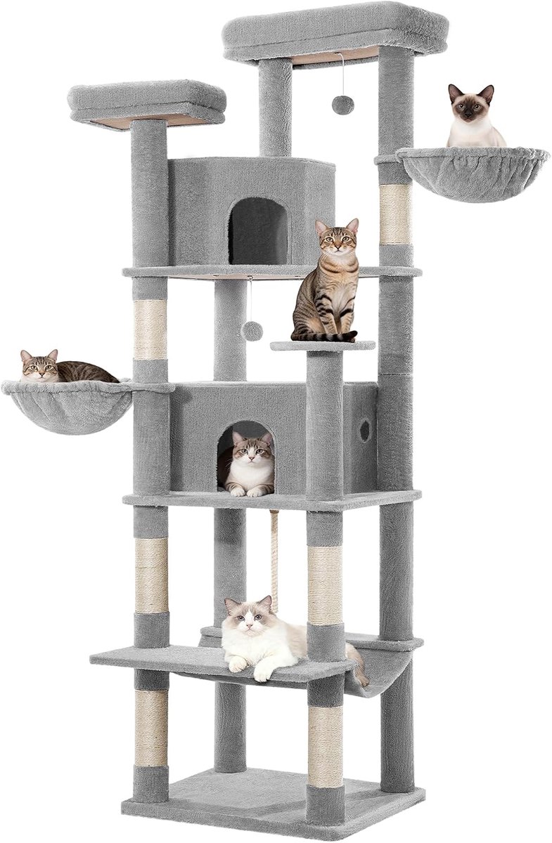 Hzuaneri Krabpaal voor Grote Katten, 216 cm Klimtoren met Meerdere Verdiepingen, Krabpalen, 2 Comfortabele Huisjes, 2 Zitstokken, 2 Manden, Hangmat, voor Binnengebruik, Lichtgrijs
