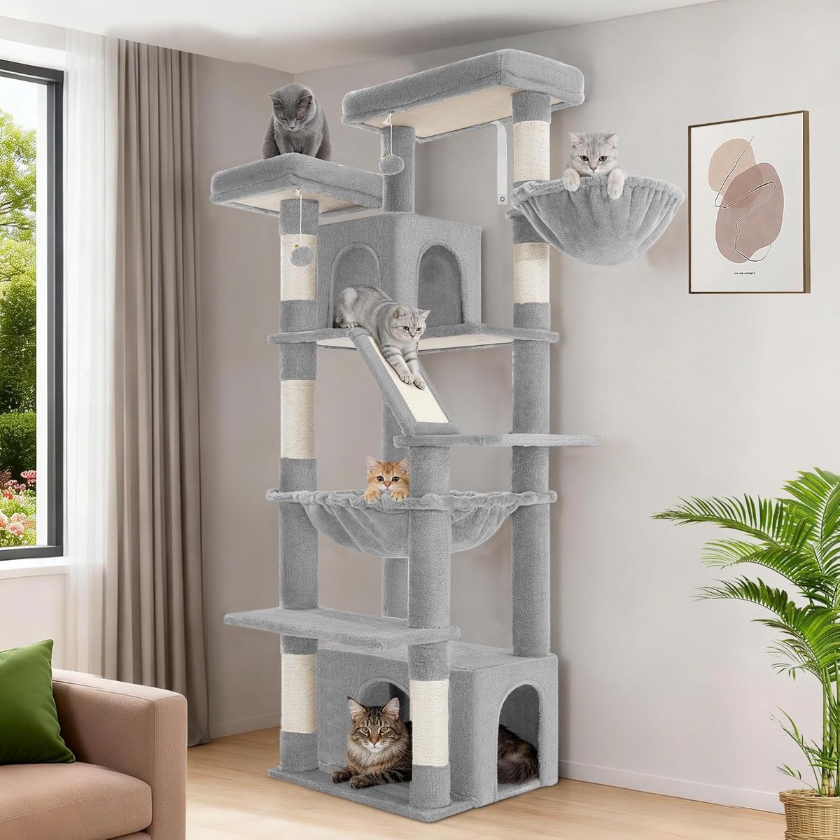 Hzuaneri Grote Krabpaal, 183 cm hoog, XL Krabpaal, 2 Platformen, 2 Holtes, 6 Krabpalen, Krabplank, Kattenmand, Hangmat, Geschikt voor Alle Kattenrassen, Maine Coon, Lichtgrijs