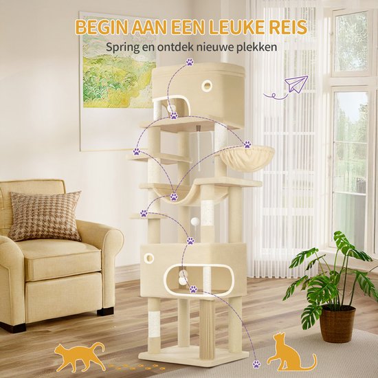 Beige kattenkrabpaal van 203 cm in een woonkamer. Gevolgd door speelse kat-silhouetten en pootafdrukken, wat een avontuurlijke reis suggereert.