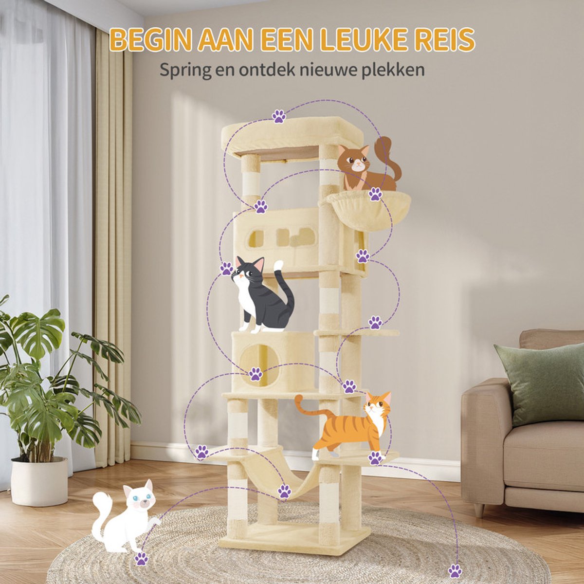 Hzuaneri Krabpaal groot, 170 cm, kattentoren voor maine-kat, grote kat, meerlaagse krabpaal met grote zitstang, wasbare mat, kattenhuismeubel met 2 holletjes, 8 krabbomen, Beige thumbnail 3