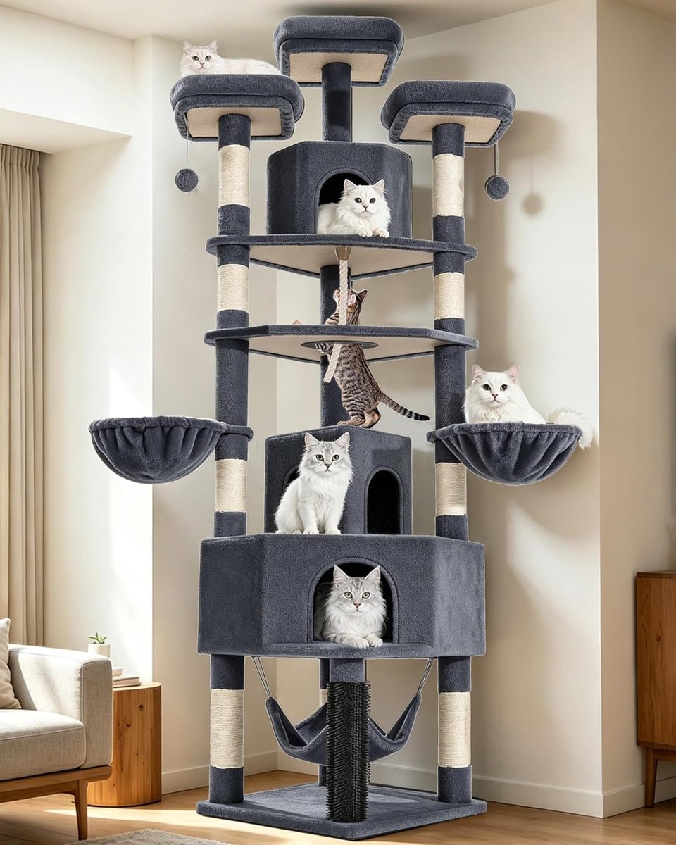 Hzuaneri Krabpaal voor Binnenkatten, 220 cm Hoge Krabpaal, Klimrek voor Katten met Grote Grot, 3 Zitplaatsen Bovenaan, 8 Sisalstokken, Hangmat, Mandjes, Dik Sisaltouw, Donkergrijs