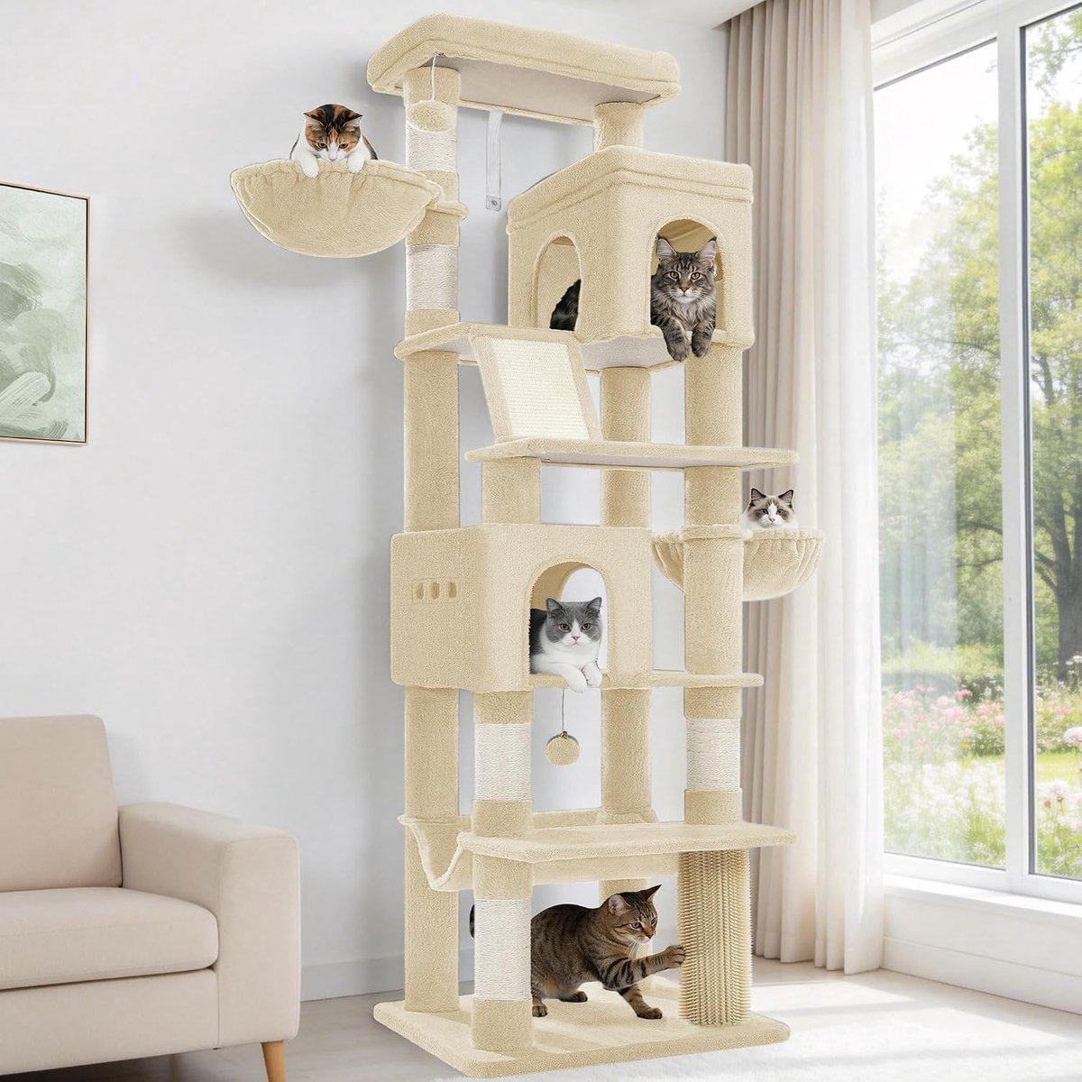Hzuaneri Krabpaal groot, 213 cm hoog, XXL kattenboom, 2 platforms, 2 holen, 5 krabstammen, krabplank, kattenmand, hangmat, geschikt voor alle kattenrassen, Maine Coon, beige
