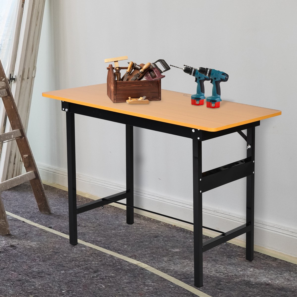 Opvouwbare werkbank, werktafel, opvouwbaar, 100 x 60 x 75,5 cm, geel zwart | Met liniaal en gradenboog, MDF, werktafel