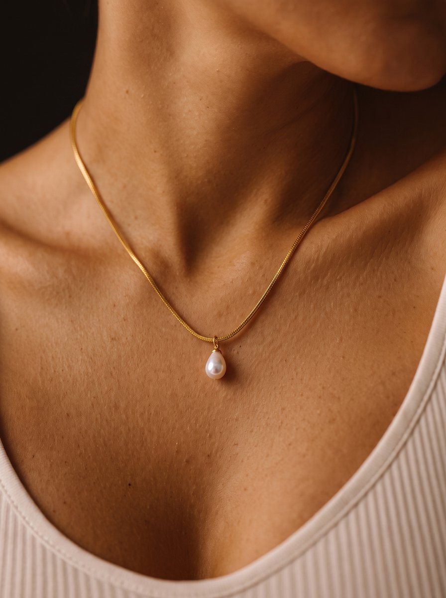 Lundholm Florine Parel Ketting Dames Goud kleurig – Premium Stainless Steel Gold Plated – Ketting met Druppelvormige Imitatieparel Hanger – Parel 1 cm – Verstelbare Damesketting 45 + 5 cm – Waterproof & Hypoallergeen