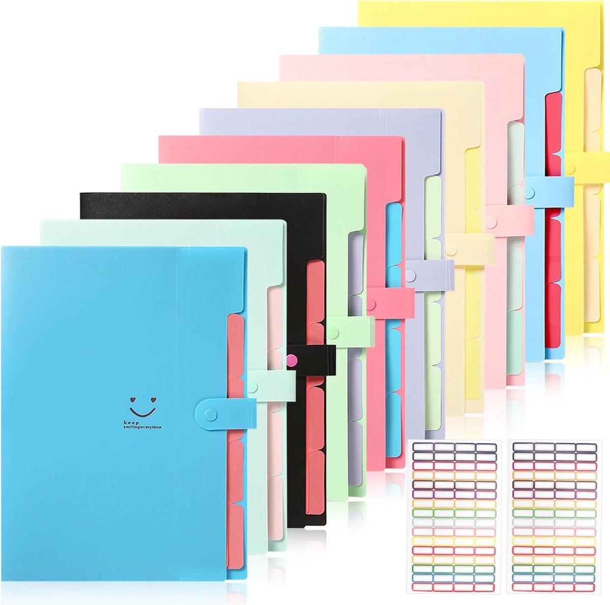 SnelShoppen - Pack van 10 Fan Folders A4 Document Folder met 5 Compartimenten, Plastic Accordeon Opslagmap met Labels voor Thuis, Kantoor en School