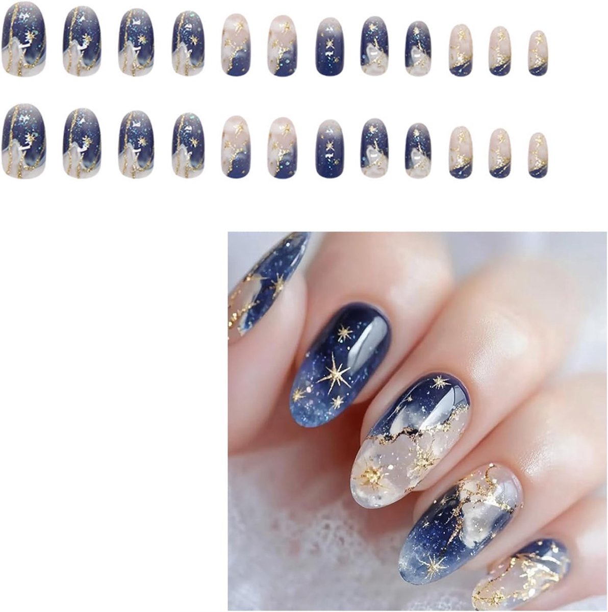 Press-on nails set 24 - Amandel kort - 3D sterrenhemel design - Mystieke uitstraling - ShopVlot