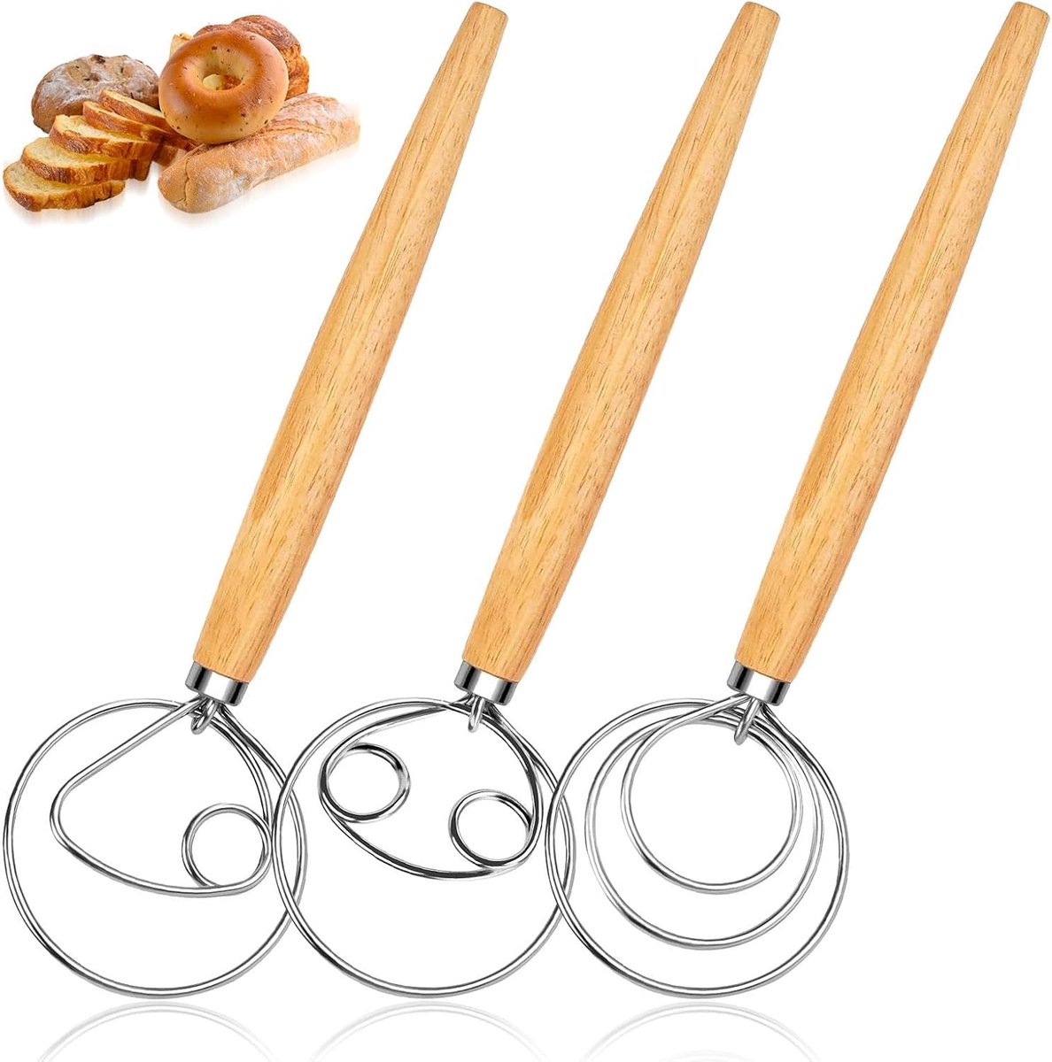 3-delige Deense deegmixset met houten handvat, deegklopper, deegbroom en bakaccessoires voor brood, zuurdesem en gebak