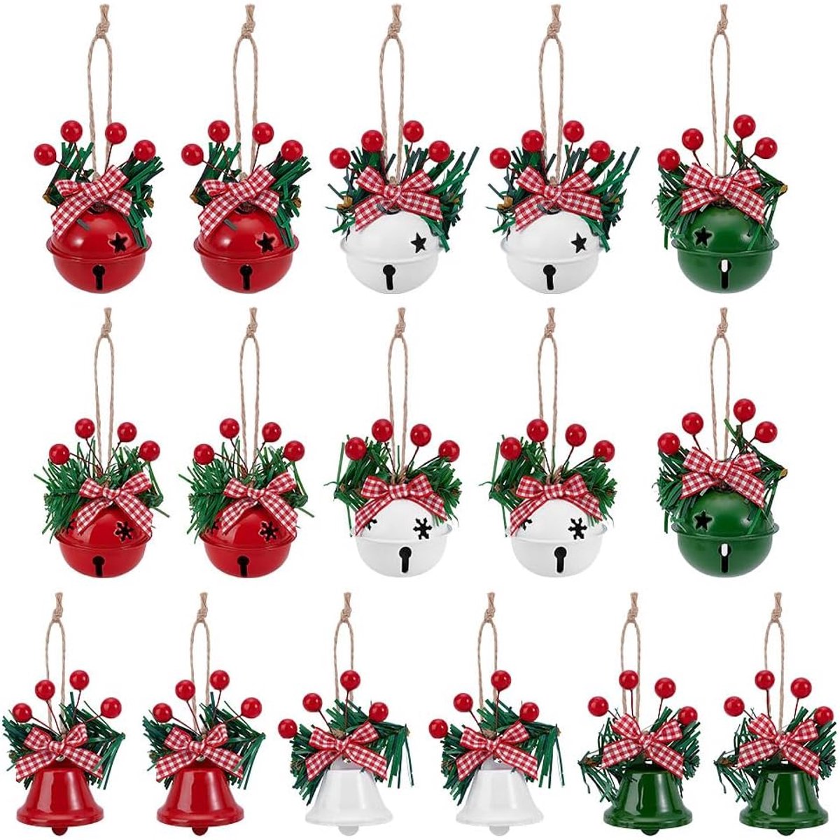 SnelShoppen - 16 Stuks Kerstbellen Decoratieve Kerstbel met Strik voor Kroon Craft Ornamenten, 8 Stijlen, Handgemaakt, Rood/Wit/Groen, Perfect voor Fe