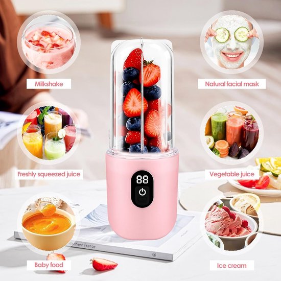 Draagbare Mixer - Elektrische Citruspers - Onderweg Smoothies - Digitaal Display - 500 ml - Roze — afbeelding 3