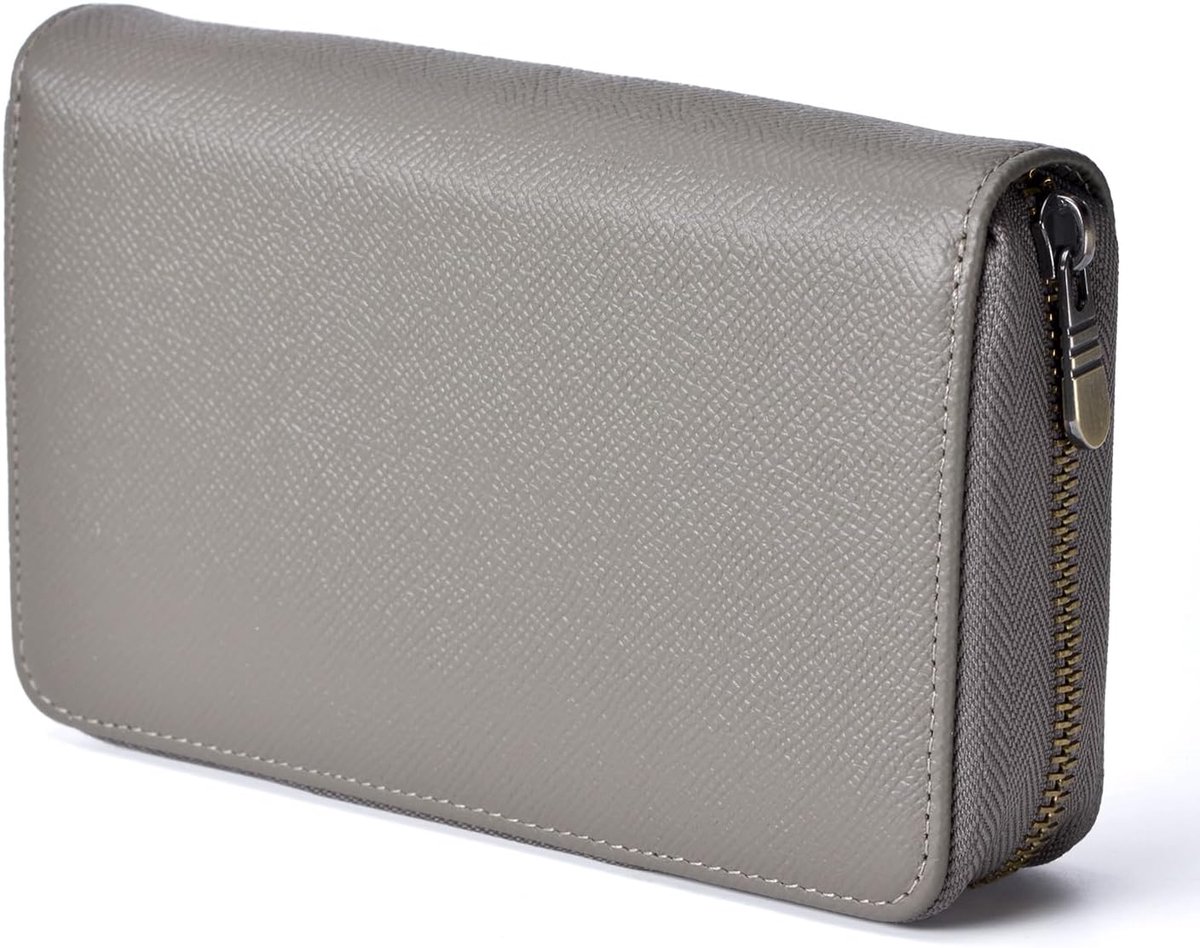 SnelShoppen - Luxe Vulpennenhouder van Echt Leer, Pen Organizer met 10 Gescheiden Slots, Grijs, Handgemaakt, Zipper Pouch voor Reizen en Thuisgebruik