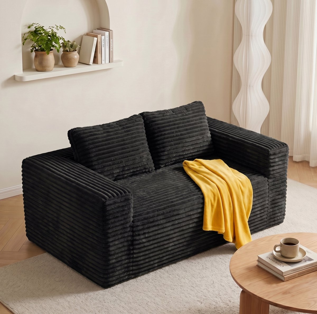 MODENUIT Zitbank 160 cm - Deep Seat 2-Zits - Zonder Montage - Voor Woonkamer En Kantoor - Corduroy - Zwart