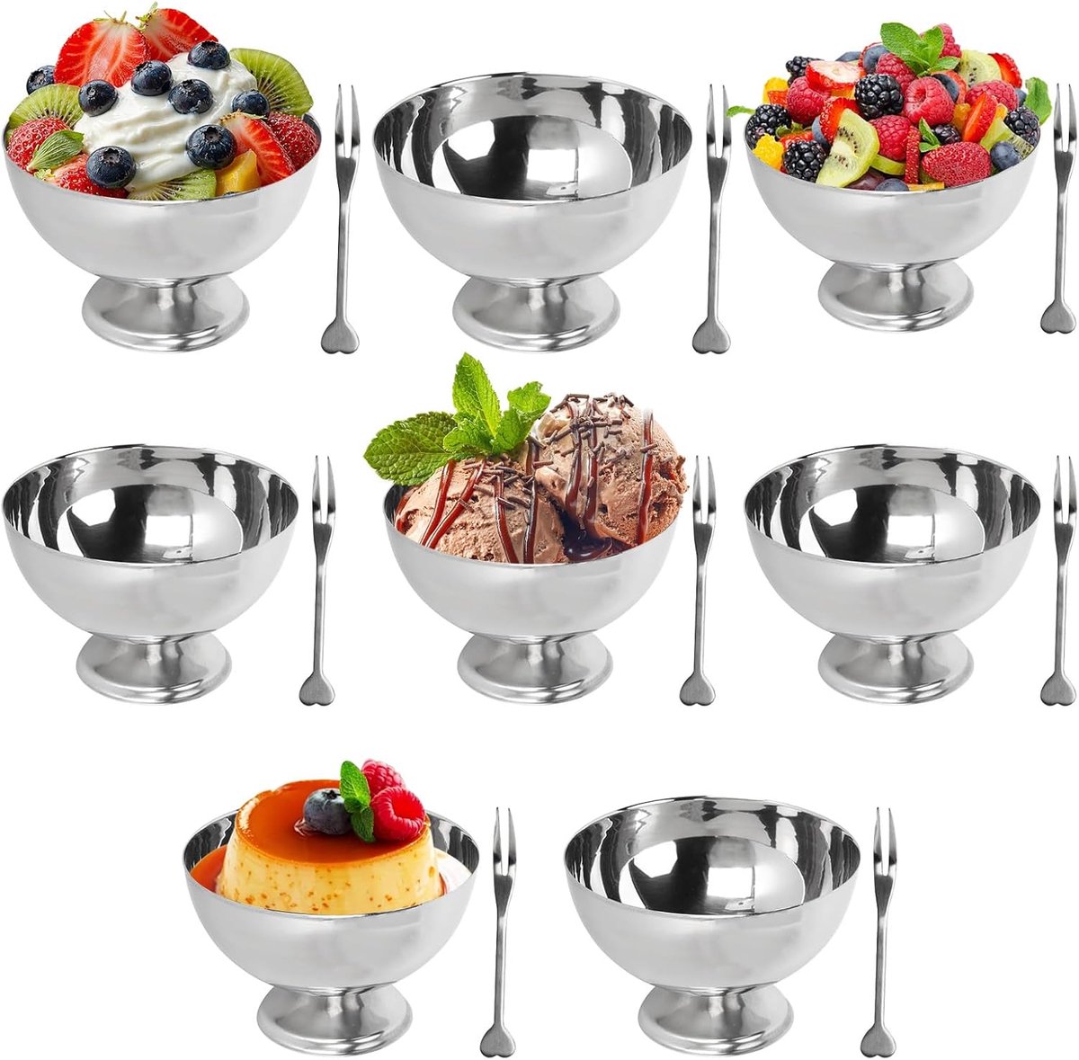 SnelShoppen - Set van 8 RVS IJsroomkommen, Dessertkommen, Yoghurtkommen met Ronde Zilveren Poten, Herbruikbaar, Inclusief Vork voor Toetje, Sundae, Fr
