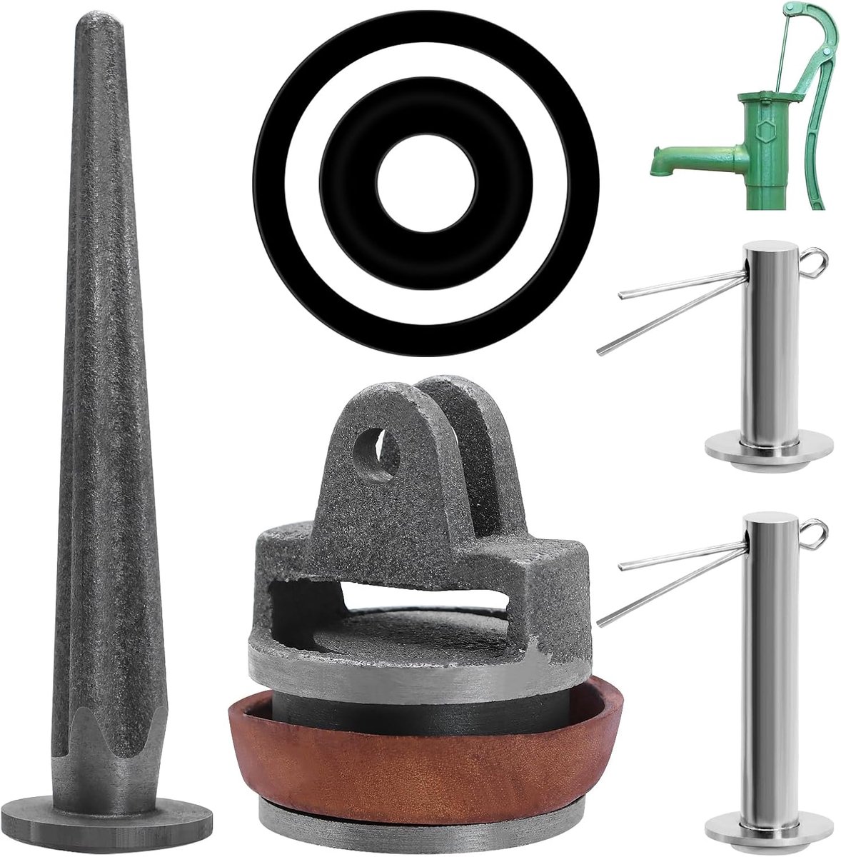 SnelShoppen - Vervangende Piston voor Handpomp Type 75 met Leer Cuff, O-Ring, Klep en Boutset - Duurzaam Gietijzer en Hoogwaardige Leer - Ideaal voor