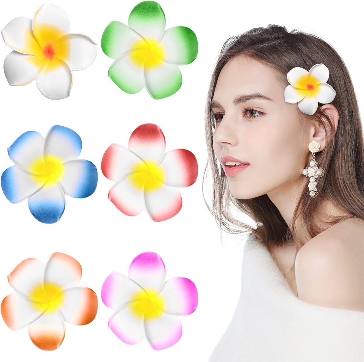 6 Pcs Tropical Plumeria Flower Hair Pins Artificial Foam Hairpins for Women and Girls, Hawaiian Bohemian Hair - ShopVlot