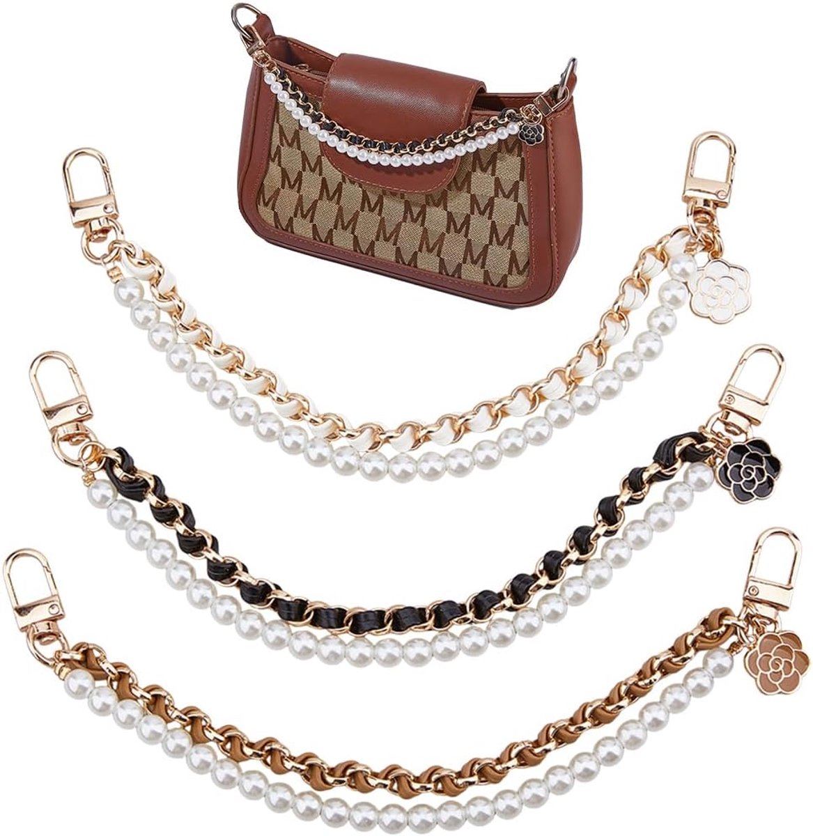 SnelShoppen - 3Pcs Parelsleutelketting voor Handtas Charm Bloemenhandvat Vervangingskettingen Parelsieraden Wallet Riem Handtasaccessoires met Haakjes
