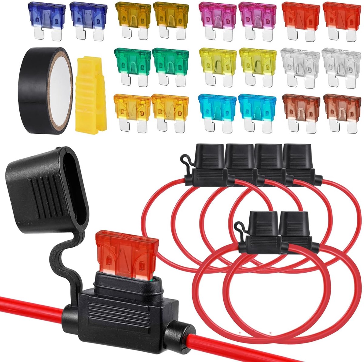 6pcs Fuse Holder 12AWG(2)+14AWG(2)+16AWG(2), Waterproof Fuse Holder 12V with 20 Flat Fuses - ShopVlot