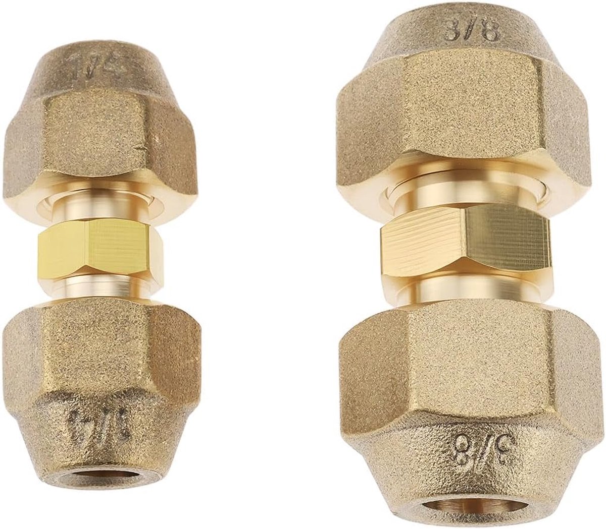 SnelShoppen - 2 Stuks Koperpijp Verlengconnectoren met Flare Moeren voor Airconditioner, Aansluitdiameter 3/8" en 1/4", Duurzaam Messing, Eenvoudige A