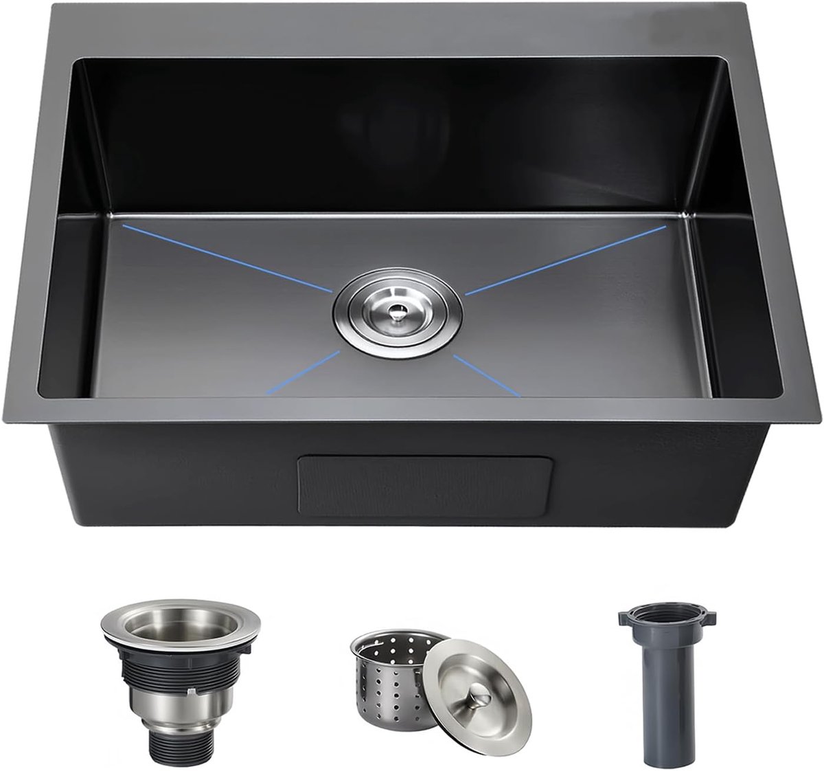 SnelShoppen - Keukensink Zwart 38 x 30 cm - RVS - Compact Onderbouw Spoelbak met Afvoer en Afvoerbak - Ideaal voor Kleine Keukens, Bars of Wasruimtes