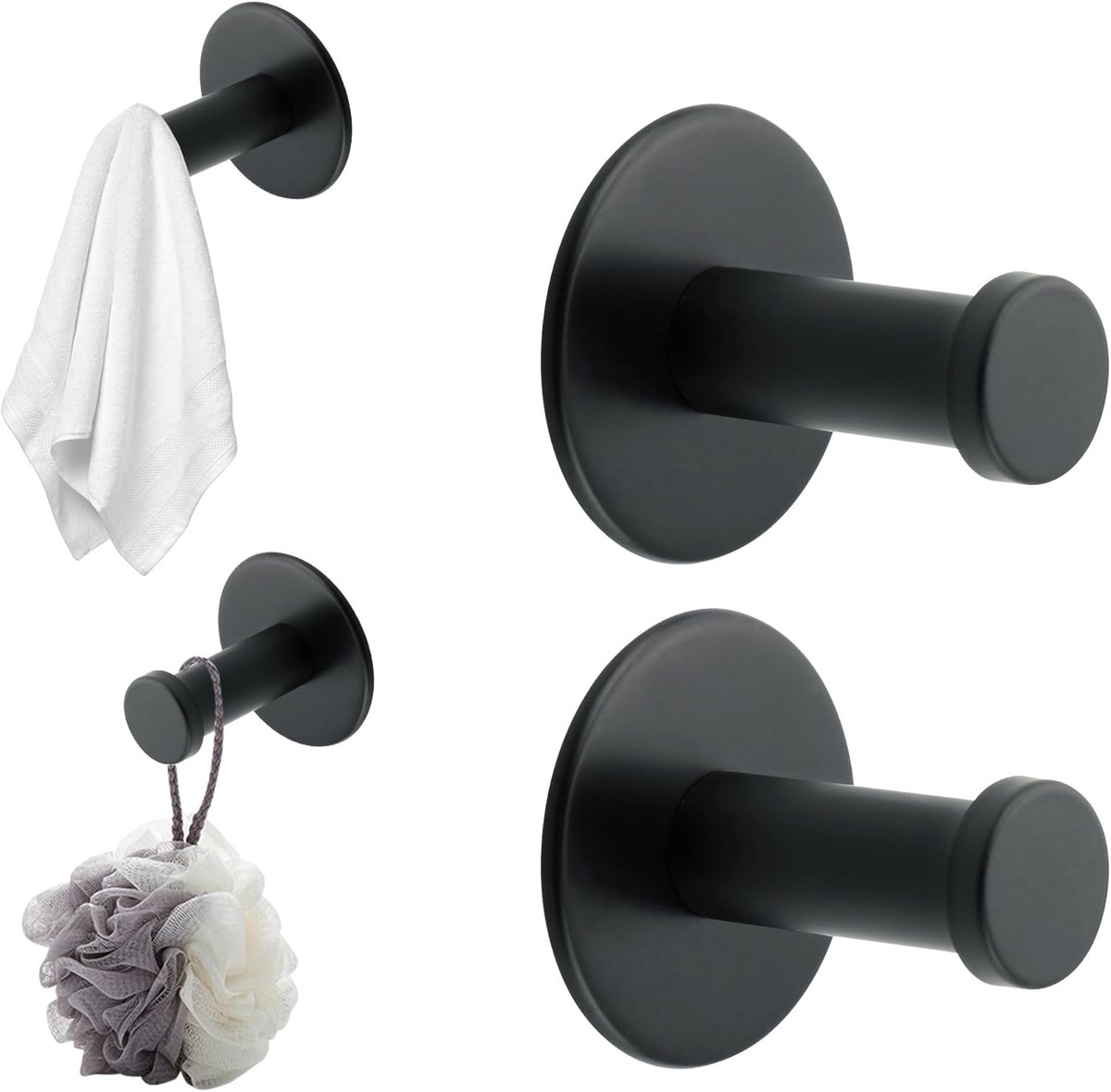 SnelShoppen - 4 Stuks Zwarte Kapstokken RVS Haken SUS304 Wandhaken Zware Duurzame Haak Voor Wand, Badkamer, Keuken, Slaapkamer