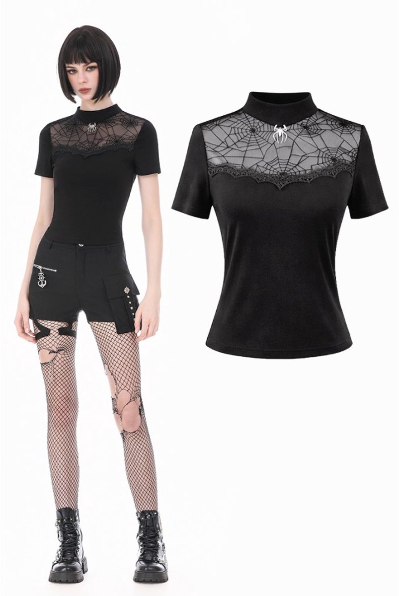 Dark in Love - Gothic Black Short Sleeve with Sheer Spiderweb Mesh and Silver Spider Ornament Top - XL - Zwart