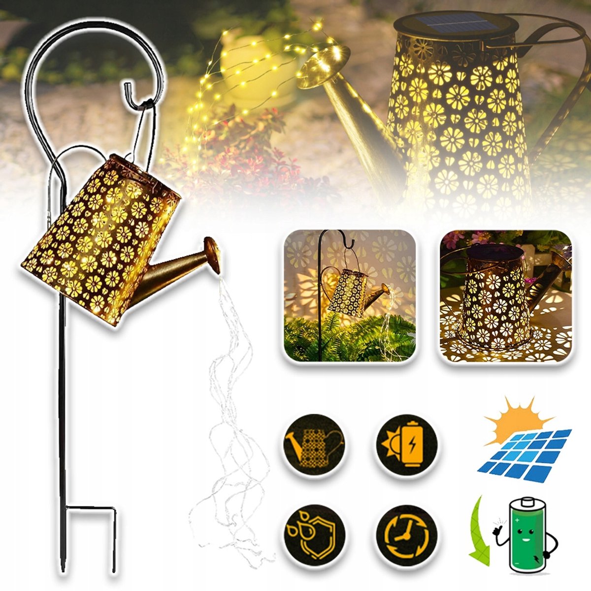 Vintage Gieterlamp Op Zonne-Energie Met 6 Vloeiende Lichtstrips - 120 Warmwitte LED's IP65 Waterdicht Automatische Schemering-Tot-Dageraad Metaal - Decoratieve Tuinverlichting Voor Buiten