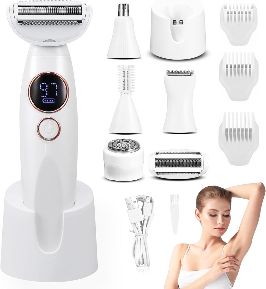 5-in-1 Elektrische Bodygroomer Met LCD-Scherm En USB-Laadstation - IPX7 Waterdicht 90 Minuten Gebruiksduur Roestvrijstalen Mesjes - Voor Gezicht Lichaam En Bikinilijn