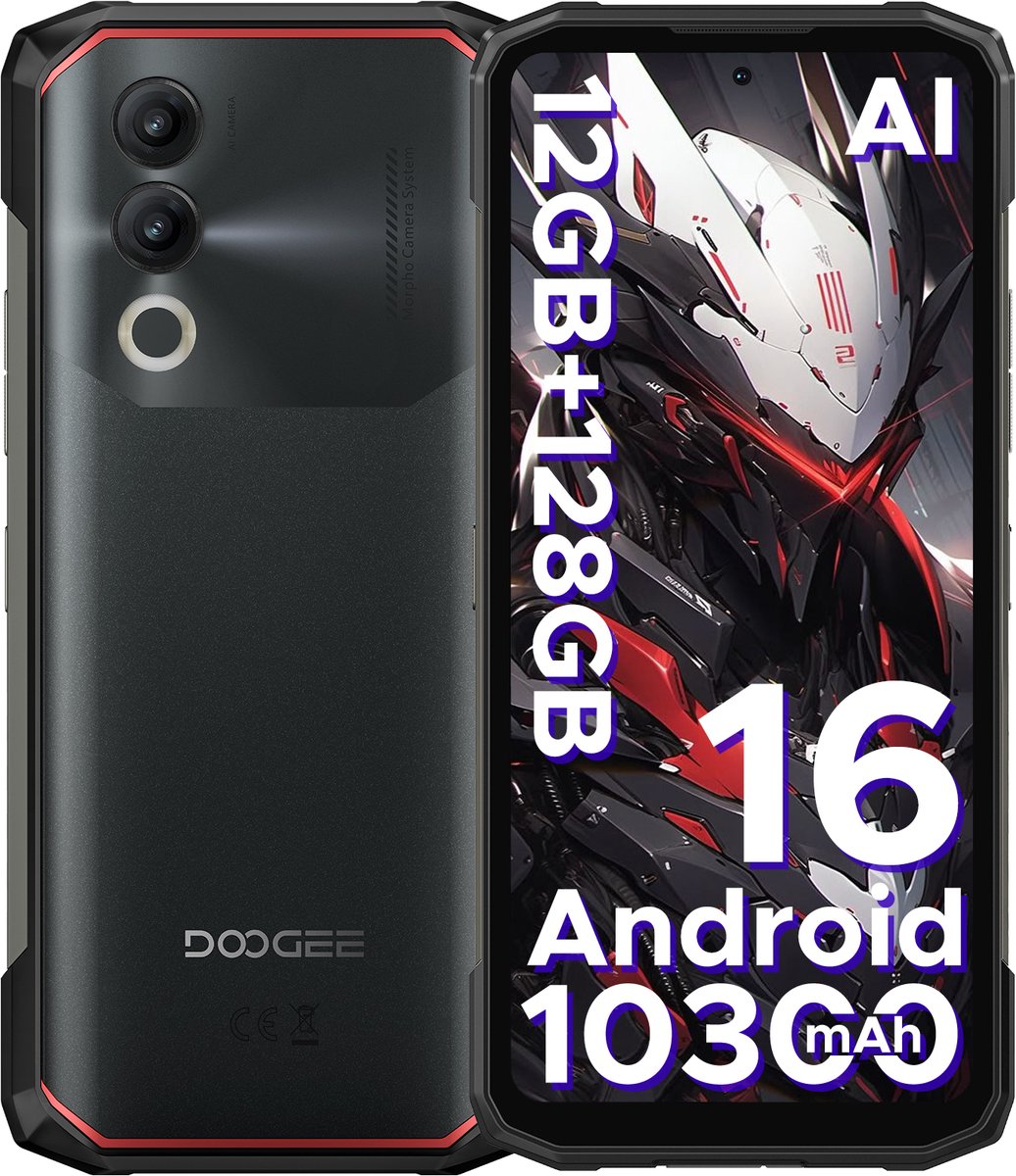 DOOGEE Blade 20X - Robuuste Telefoon - Smartphone - 12 GB RAM+128 ROM（2TB/TF) - 10300mAh/18W - UNISOC T7250 - Android 16 - 6,6-inch HD+ 90Hz - 16MP Camera - IP68 - Vingerafdruk - Triple card slot - Face ID - NFC - GPS - OTG -Zwart