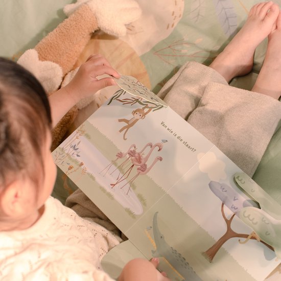 Kind leest een boek met flappen. Binnenin staan flamingo's, een krokodil, een aapje en de tekst 'Van wie is die staart?'.