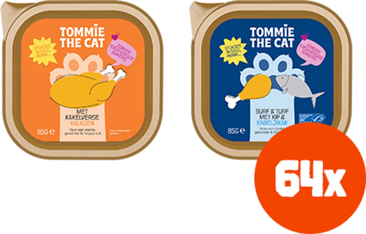 Tommie the Cat - 64 x 85gr - verse stukjes in saus mix smaken - kattenvoer natvoer - voordeel verpakking - zonder suiker en graanvrij