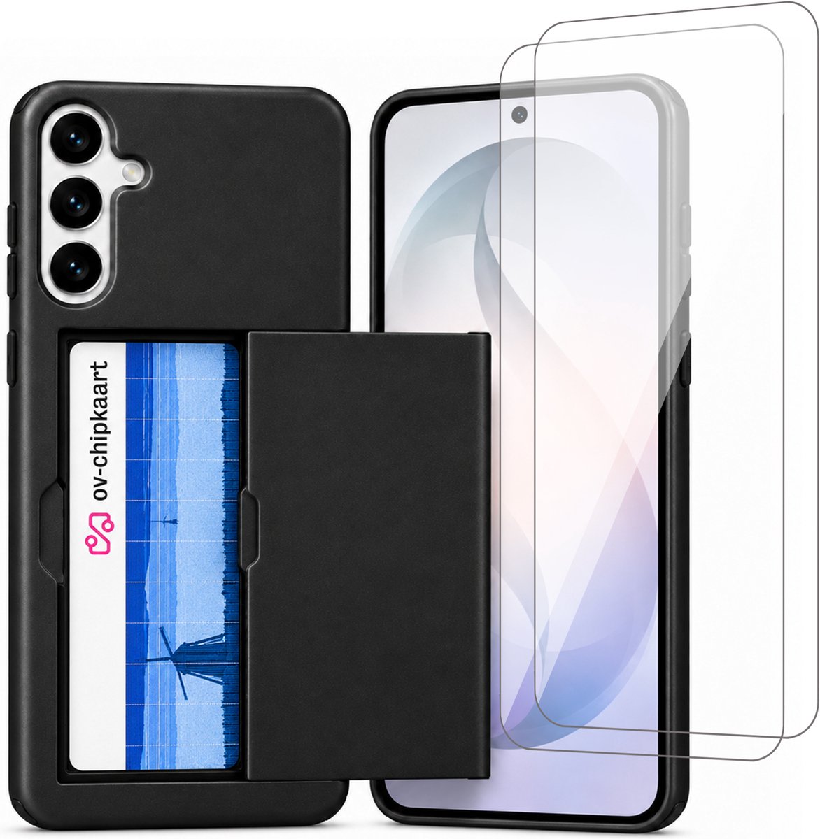 Hoesje met Pasjeshouder geschikt voor Samsung Galaxy S26 – Back Cover Slide Case – Zwart – 2 Stuks Screenprotector Glas