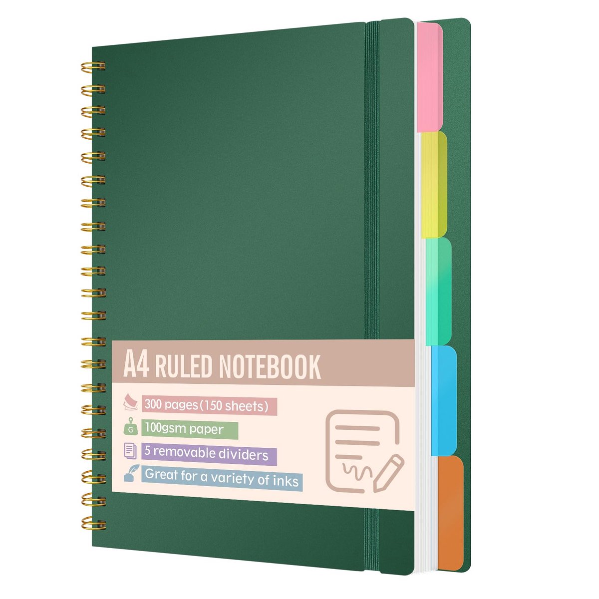 SnelShoppen - Xnegau Notitieboek A4 Gelinieerd met 5 Tabbladen, 300 Pagina's, 100 g/m² Dikker Papier, Hardcover Spiraalnotitieboek voor Kantoor, Schoo