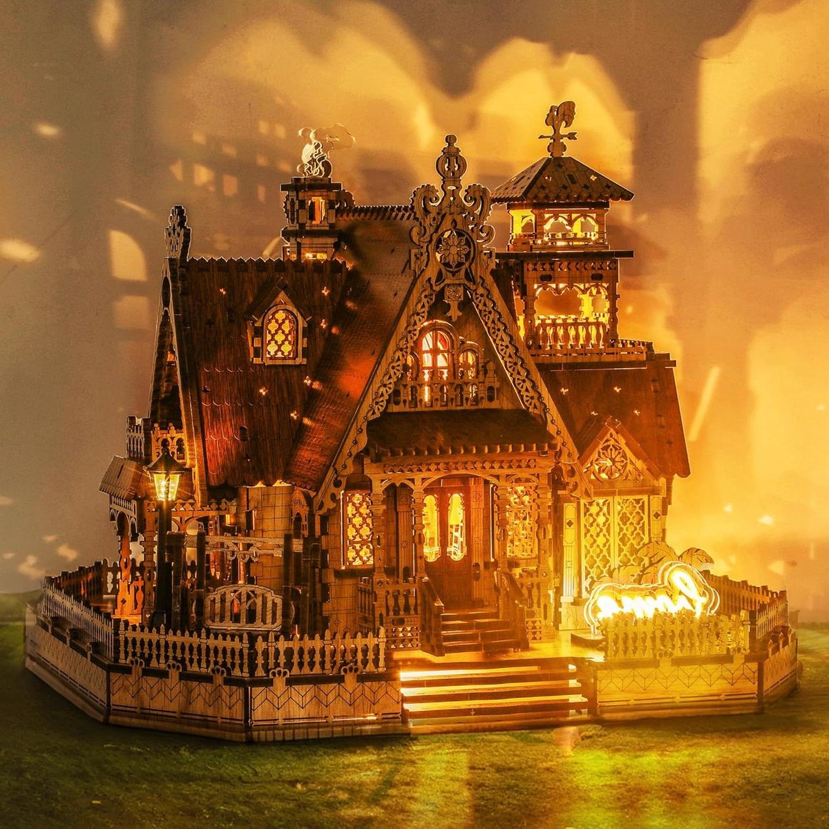 Houten Puzzel Cottage - Miniatuur Bouwkit - Huis Decoratie - Met LED Verlichting - 30 cm Hoog - Meerkleurig