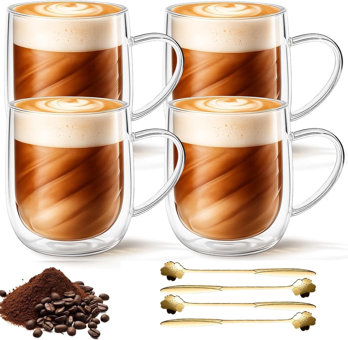 Dubbelwandige Latte Macchiato glazen set van 4, 350 ml, thermoglazen voor cappuccino, thee en espresso met handvat en lepels