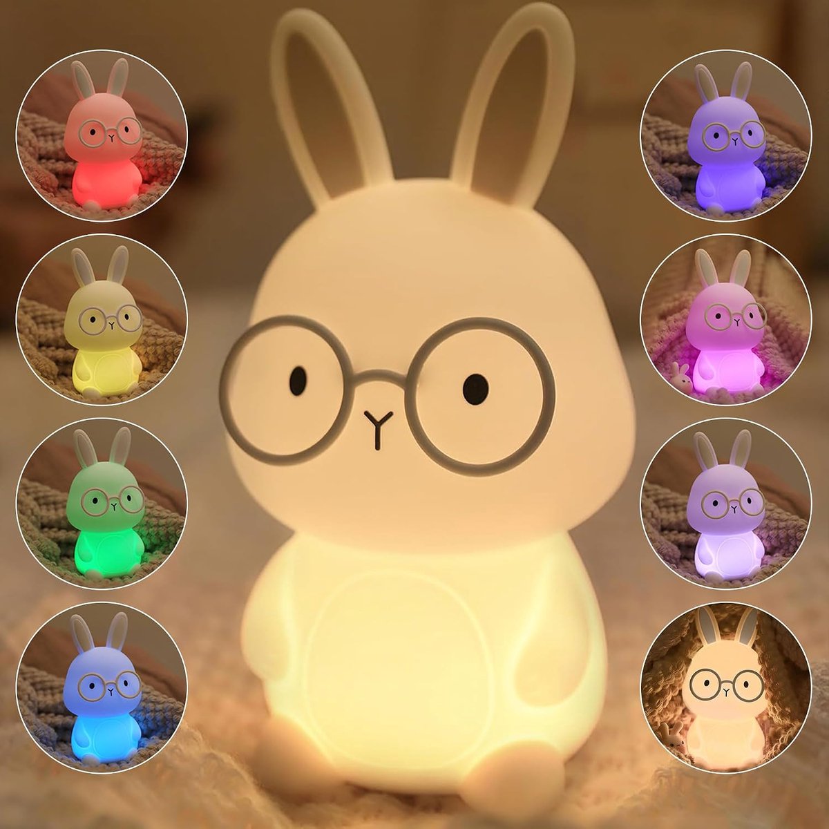 Nachtlampje voor kinderen, siliconen Konijn nachtlampje, nachtlampje voor de kinderkamer, 7 kleurveranderingen, dimbare/oplaadbare voedingslamp met touchfunctie, cadeau voor kinderen