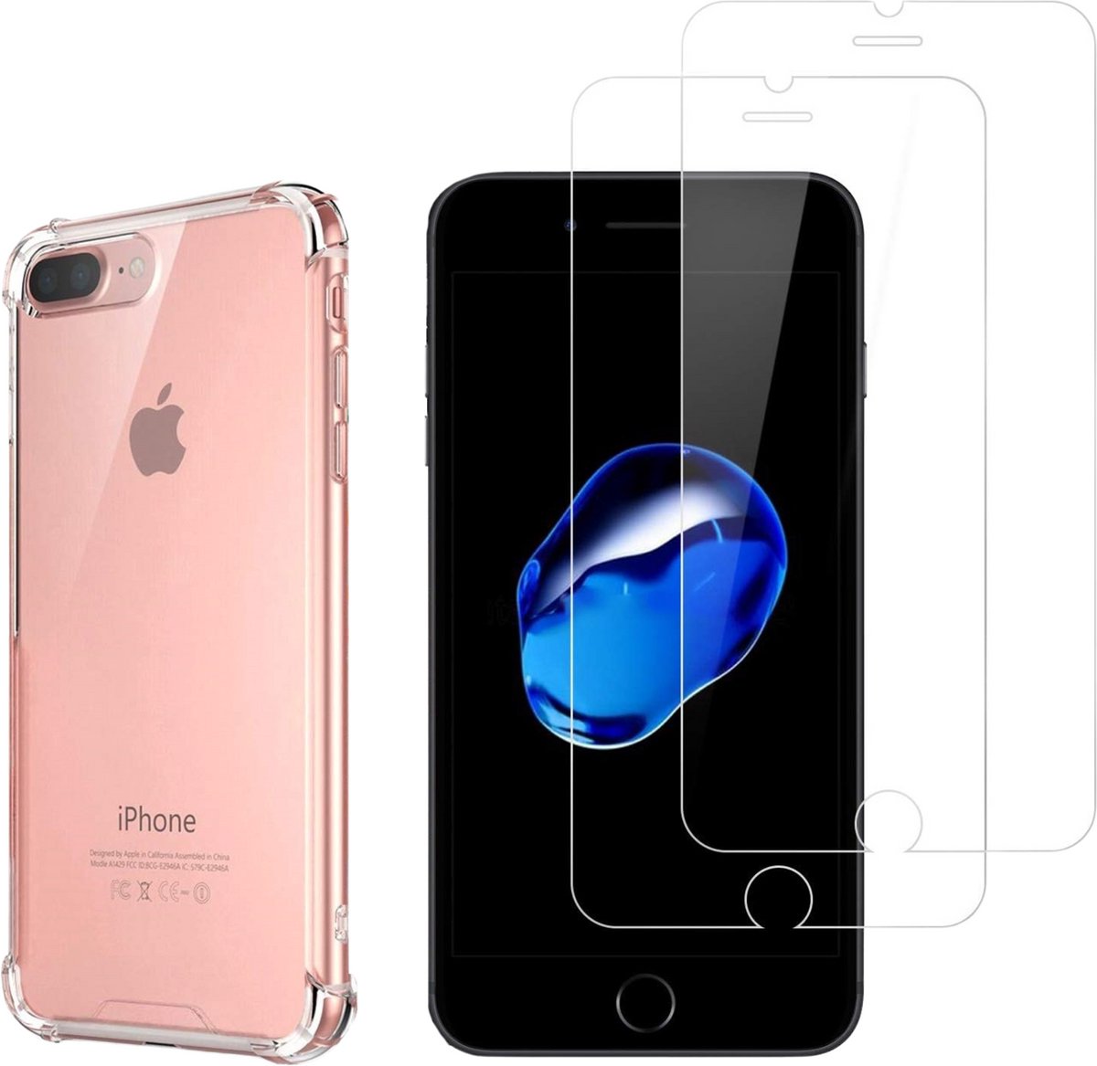 Hoesje geschikt voor iPhone 8 PLUS / 7 PLUS backcover Shockproof siliconen Transparant en 2 stuks Screenprotector Gehard Glas