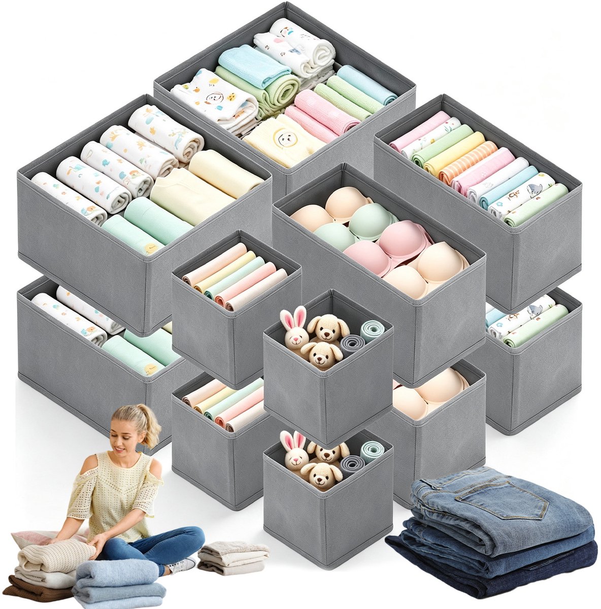 12-Delige Lade organizer Set -Kastorganizer - 3 Maten Groot Middel Klein - Non-woven & Verstevigd Paneel - Opvouwbaar & Ritssluiting - Voor Ondergoed, Sokken & Kantoor